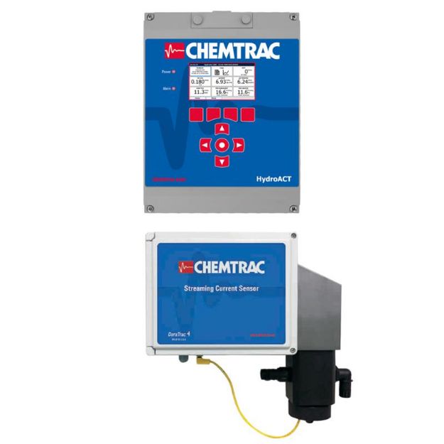 Picture of Chemtrac HydroACT 4 with DuraTrac 4 SCD spit unit with controller and probe mounted on a panel and isolation switch900mm x 400mm White PVC with mounting brackets